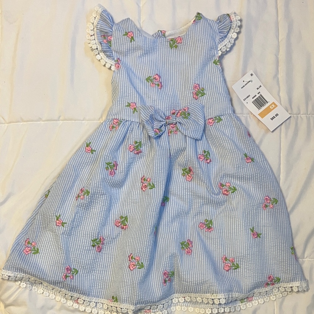 Rare Editions Striped Blue and Pink Floral Dress